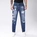Men's Straight Leg Ripped Jeans Midweight Distressed Denim Trousers Stylish Cycling Street Chic Blue Non-Stretch Cycling Pants_mkmklike.com