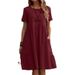 Women's clothing women's retro cotton and linen loose pocket solid color round neck dress in stock_mkmklike.com