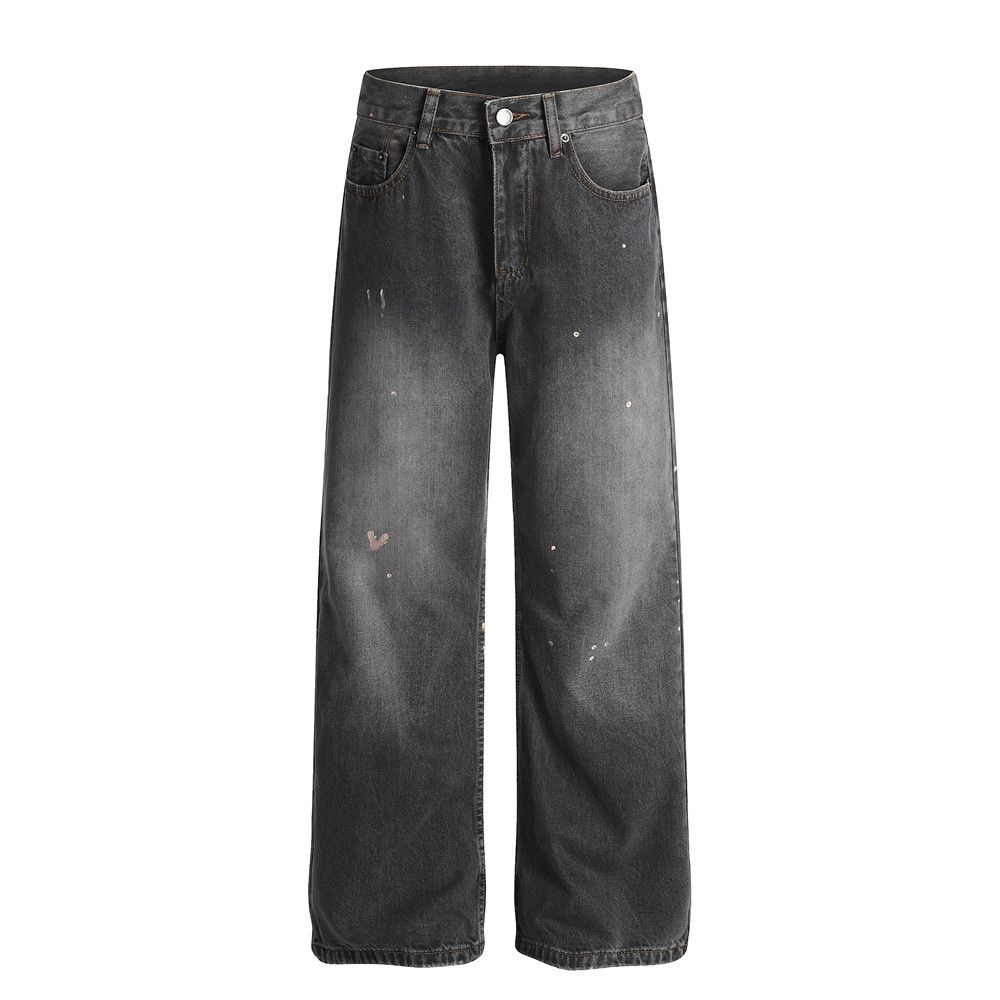 Wasteland Style Punk Washed Straight-Leg Jeans For Men With Paint Splatter, Distressed Edges, And Ripped Wide-Leg Pants_mkmklike.com