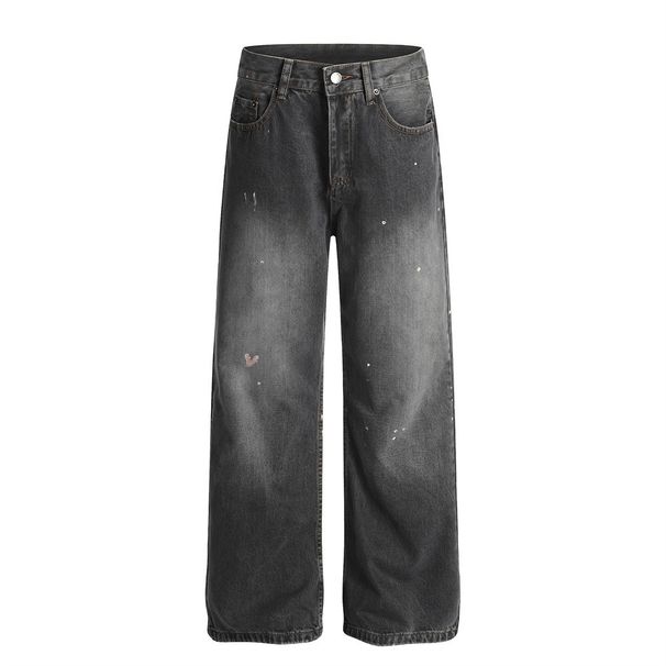 Wasteland Style Punk Washed Straight-Leg Jeans For Men With Paint Splatter, Distressed Edges, And Ripped Wide-Leg Pants_mkmklike.com