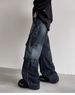 Heavy Industry Deconstruction And Splicing Jeans Men's American High Street Vibe Fan Can Buckle Wide Leg Pockets Tooling Trousers_mkmklike.com