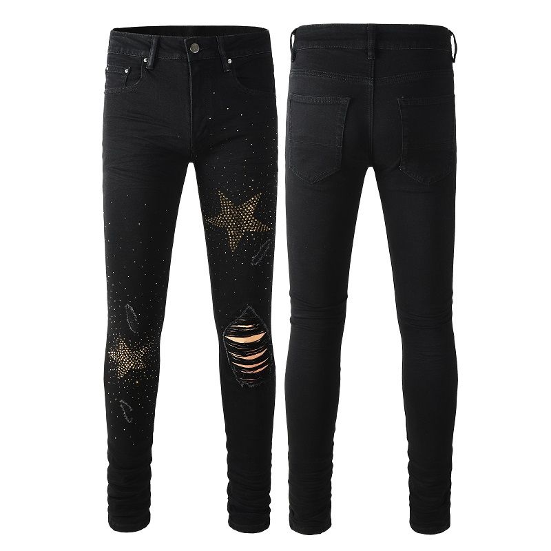 Rhinestone Printed Patched Ripped Jeans Men Motorcycle Slim Fit Jeans_mkmklike.com