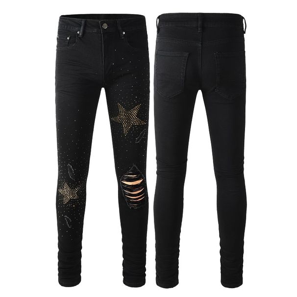 Rhinestone Printed Patched Ripped Jeans Men Motorcycle Slim Fit Jeans_mkmklike.com