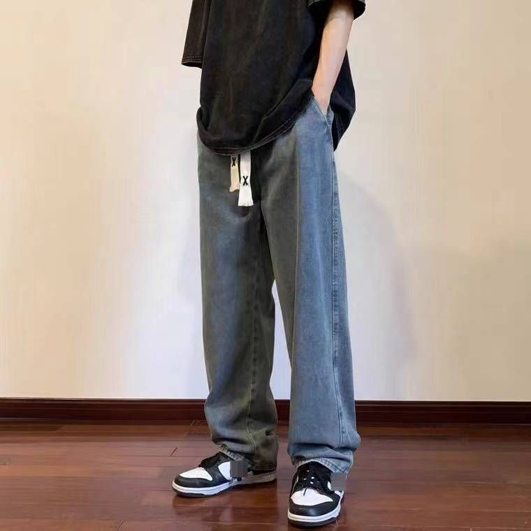 Vintage Straight Leg Jeans For Men - Relaxed Fit Casual Trousers With Elastic Drawstring Waist & Unique Design_mkmklike.com