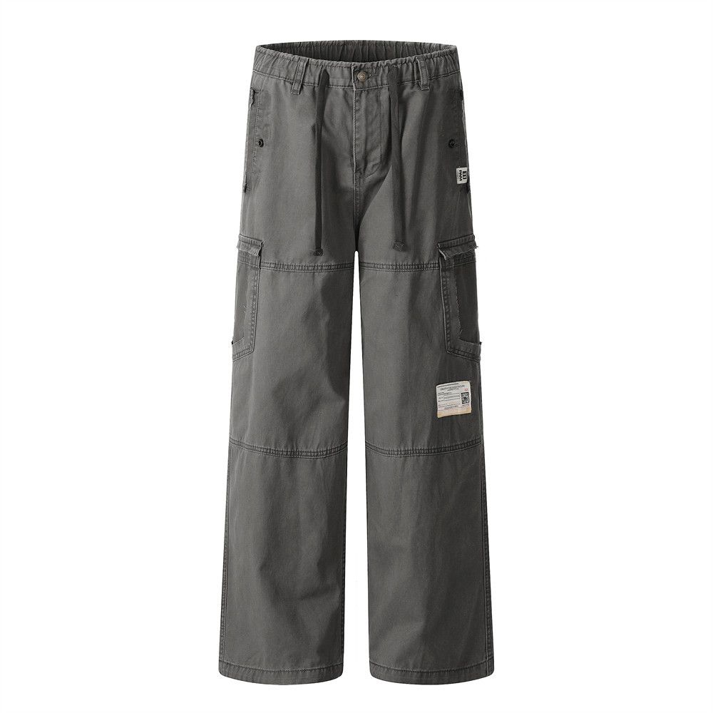 Men's Cargo Pants With Distressed Pockets, Loose Straight-Leg Design, Vibe Punk High Street Trend Washed Jeans_mkmklike.com