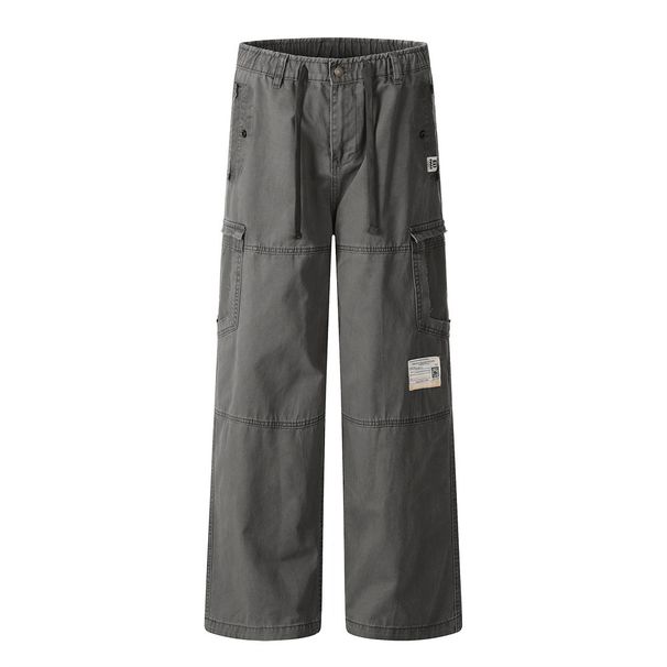 Men's Cargo Pants With Distressed Pockets, Loose Straight-Leg Design, Vibe Punk High Street Trend Washed Jeans_mkmklike.com