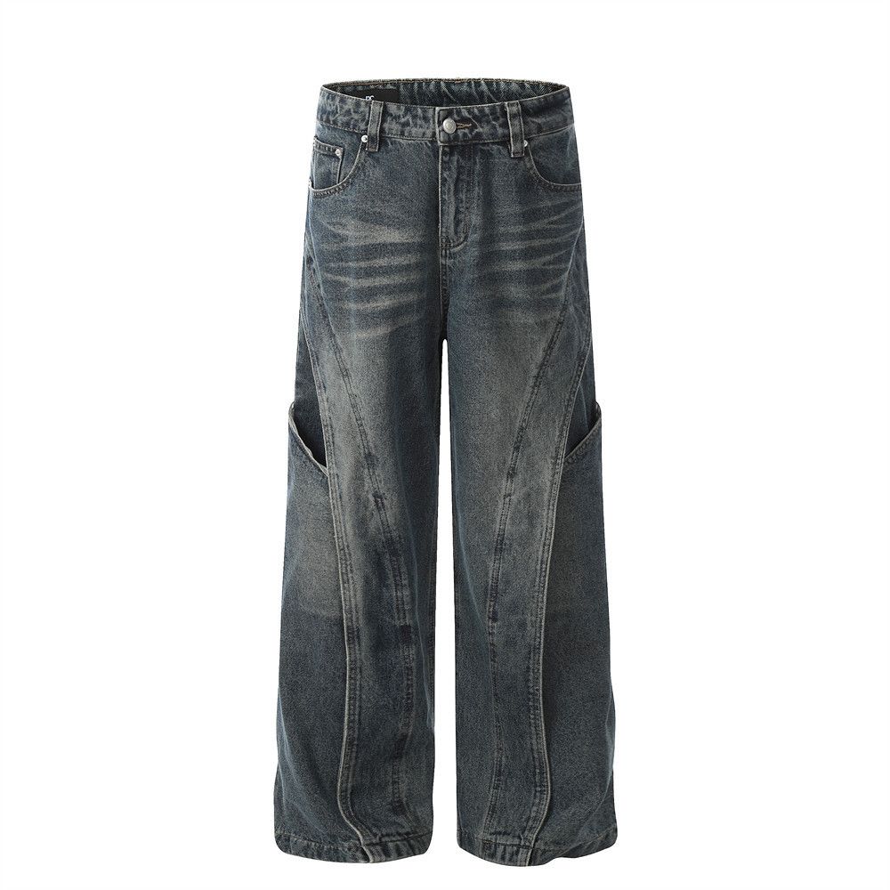 Decontructed Patchwork Deign Wahed Vintage Denim Men' Vibe Trendy Brand Split Peronality Wide-Leg Floor-Length_mkmklike.com