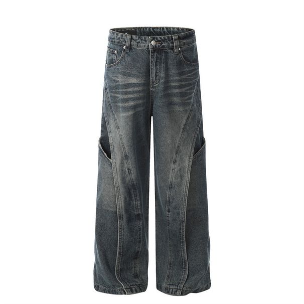 Decontructed Patchwork Deign Wahed Vintage Denim Men' Vibe Trendy Brand Split Peronality Wide-Leg Floor-Length_mkmklike.com