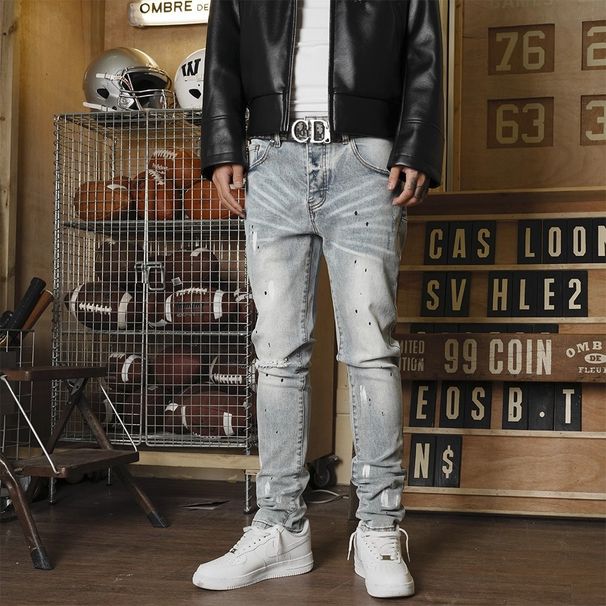 Men's Clothing Men's Distressed Washed High Street Skinny Jeans With Splash Print - Stretch Denim Casual Pants For Streetwear Fashion_mkmklike.com