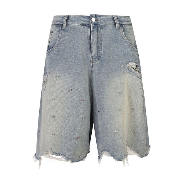 Men's Clothing American High Street Hot Diamond Ripped Raw Edge Denim Shorts Men And Women Summer Loose Couple Street Hip Hop Five Point Pants_mkmklike.com