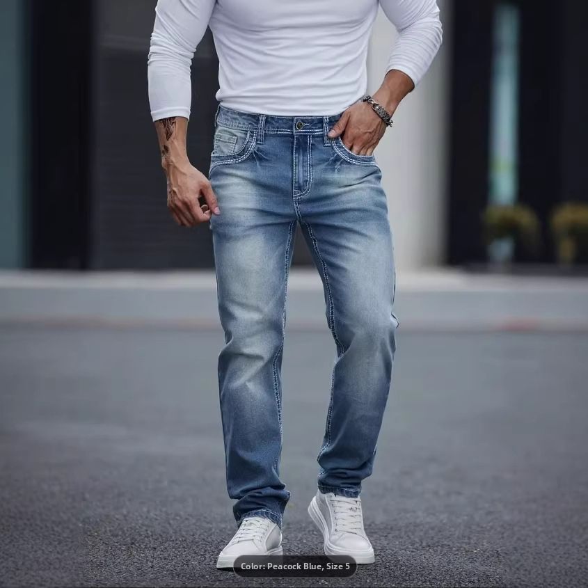 Men's Slim Fit Stretch Jeans Business Casual Straight Leg Long Pants Mid Waist Machine Washable_mkmklike.com