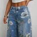 Women's Clothing Street Fashion Loose Straight Wide Leg Pants Printed Denim Trousers_mkmklike.com