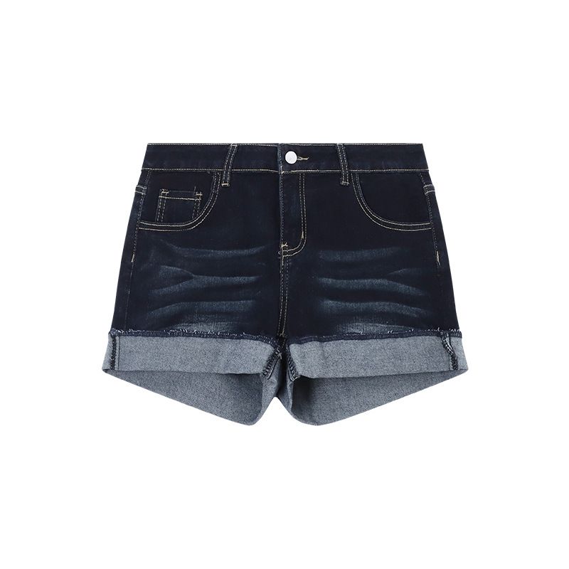 High-Waisted Stretch Denim Shorts For Women – A-Line Rolled Hem, Slim Fit & Comfortable (Dark Blue, S-5XL)_mkmklike.com