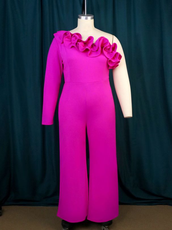 Women's oblique collar ruffle jumpsuit Commuter style high waist casual tights Jumpsuit_mkmklike.com