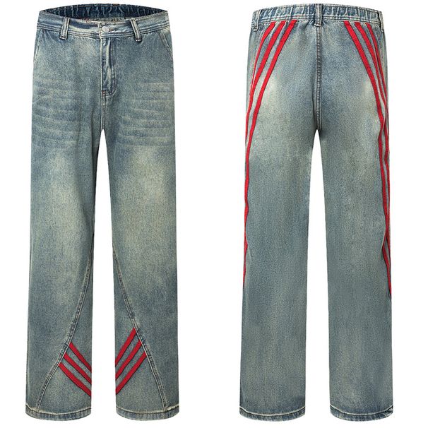 Men's Clothing Menswear American High Street Fashion Brand Striped Design Versatile Jeans, Straight Leg Pants, Wide Leg Pants, Color Blocked Pants_mkmklike.com