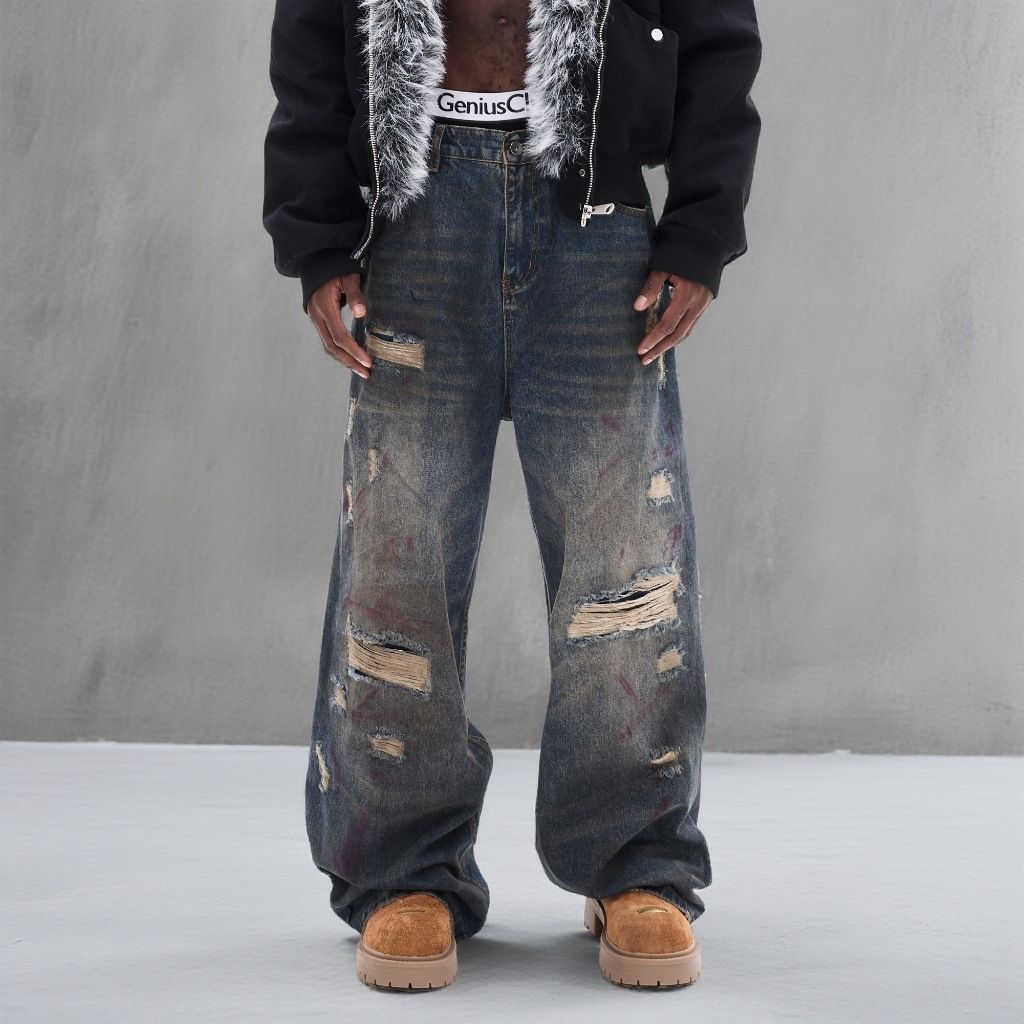Men's Vintage Loose Straight-Leg Distressed Graffiti Jeans In Antique Bronze Wash Breathable Comfort_mkmklike.com