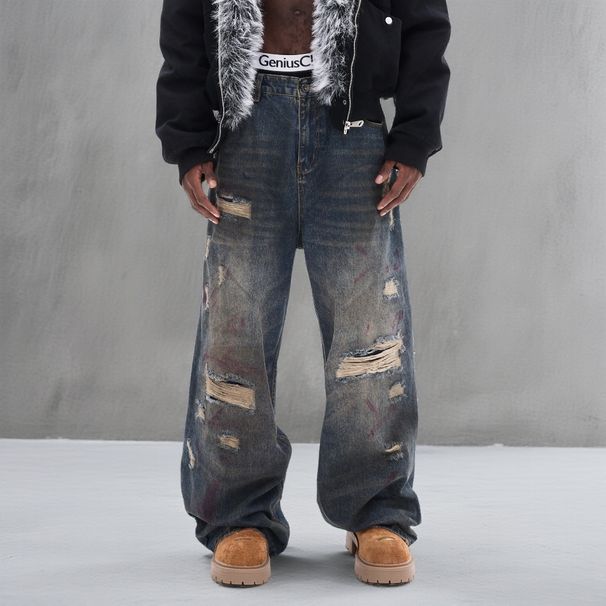 Men's Vintage Loose Straight-Leg Distressed Graffiti Jeans In Antique Bronze Wash Breathable Comfort_mkmklike.com