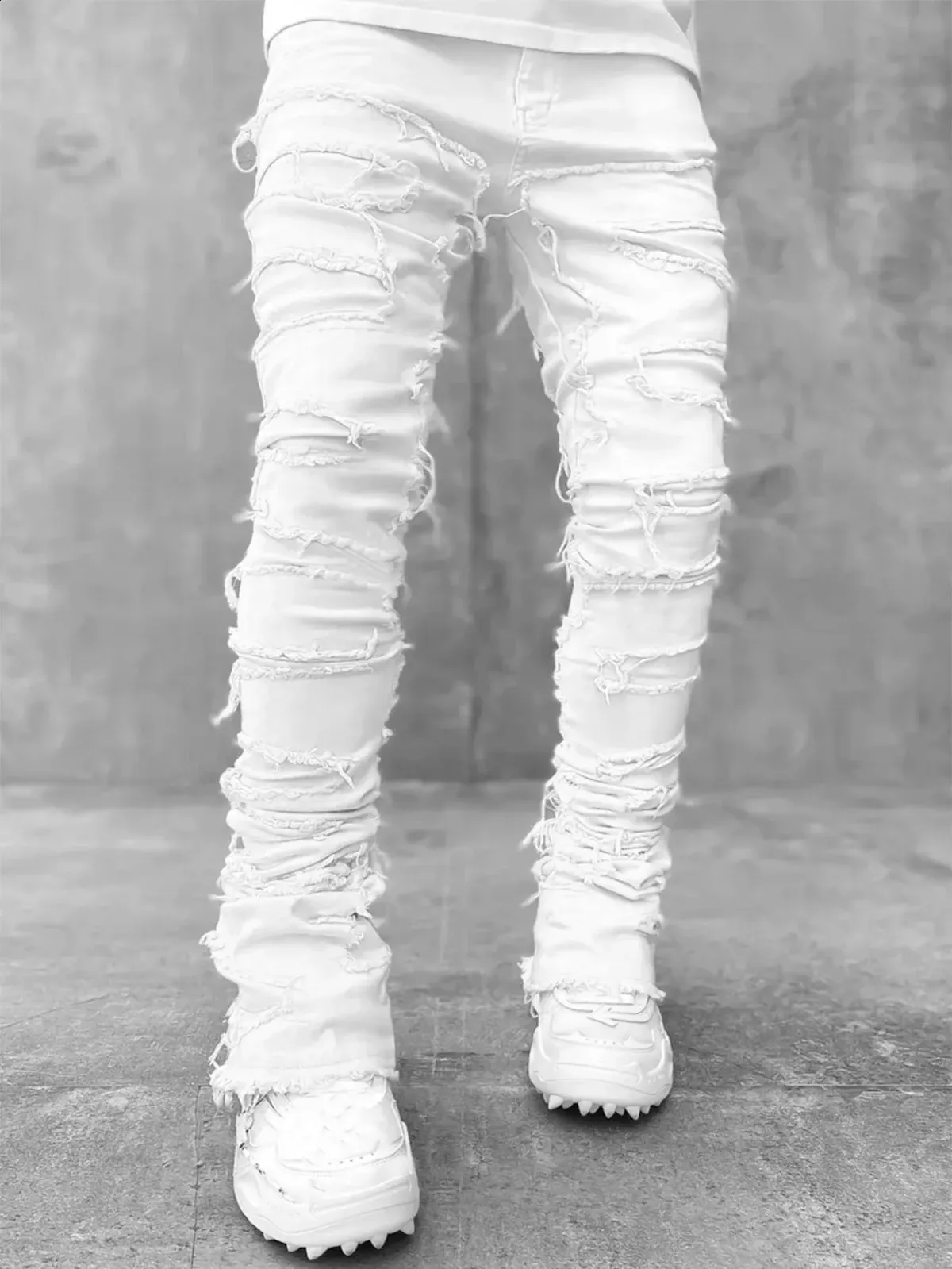 Spring Autumn Individual Patched Black Pants Long Tight Fit Stacked Jeans For Men 240819_mkmklike.com