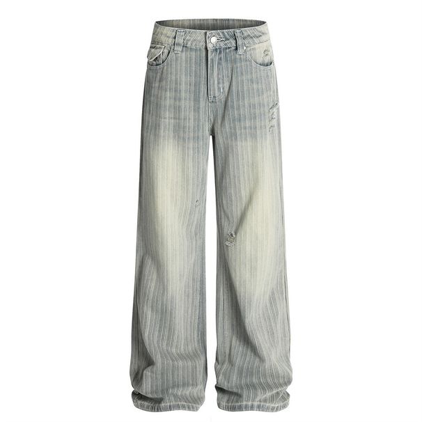 Washed Vertical Striped Ripped Jeans Men's American High Street Vintage Distressed Punk Loose Wide-Leg Straight Long_mkmklike.com