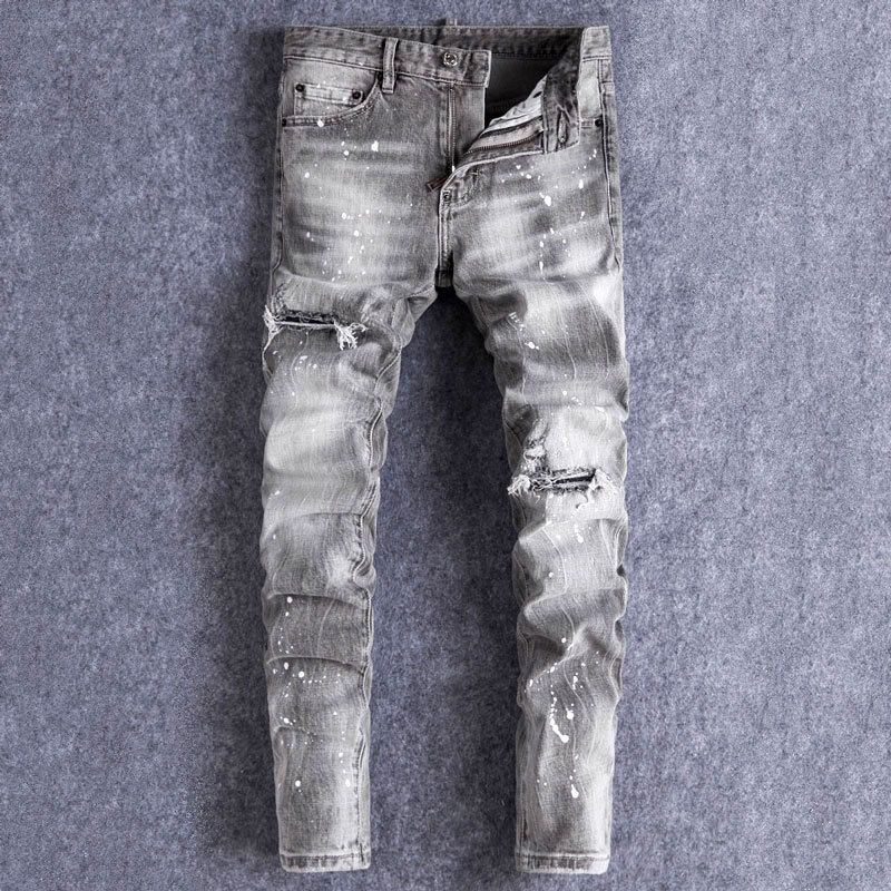 Men's Clothing High Street Fashion Retro Men's Jeans Distressed Gray Washed Ripped Patches Slightly Stretch Slim Fit Skinny Jeans Men's Trendy_mkmklike.com