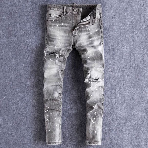 Men's Clothing High Street Fashion Retro Men's Jeans Distressed Gray Washed Ripped Patches Slightly Stretch Slim Fit Skinny Jeans Men's Trendy_mkmklike.com