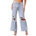 European And American Knee Ripped Jeans Women's High Waist Long Wide Leg Pants Light Color Washed Casual Pants_mkmklike.com