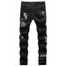 Men's Stretch Skinny Jeans Ripped Distressed Patchwork Embroidery Print Black Denim Pants High Street Fashion_mkmklike.com