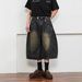 Men's Clothing Unisex Retro Washed Scimitar Cropped Jeans American Street Style Loose Wide Leg Hip Hop Shorts_mkmklike.com