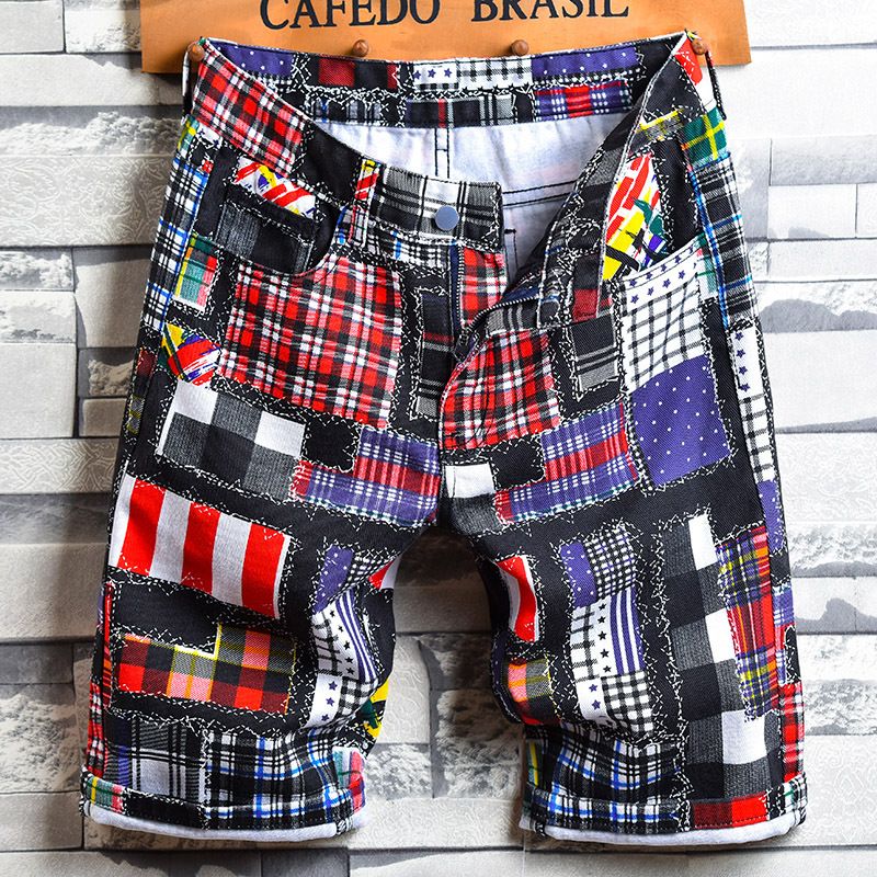 Plaid Denim Shorts For Young Men Casual Stylish Summer Loose Fit Straight Leg Five Point Length_mkmklike.com