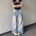 Men's Clothing Retro Distressed Scimitar Bamboo Pattern Washed Blue Jeans For Women Summer Casual Loose Wide Leg Trousers_mkmklike.com