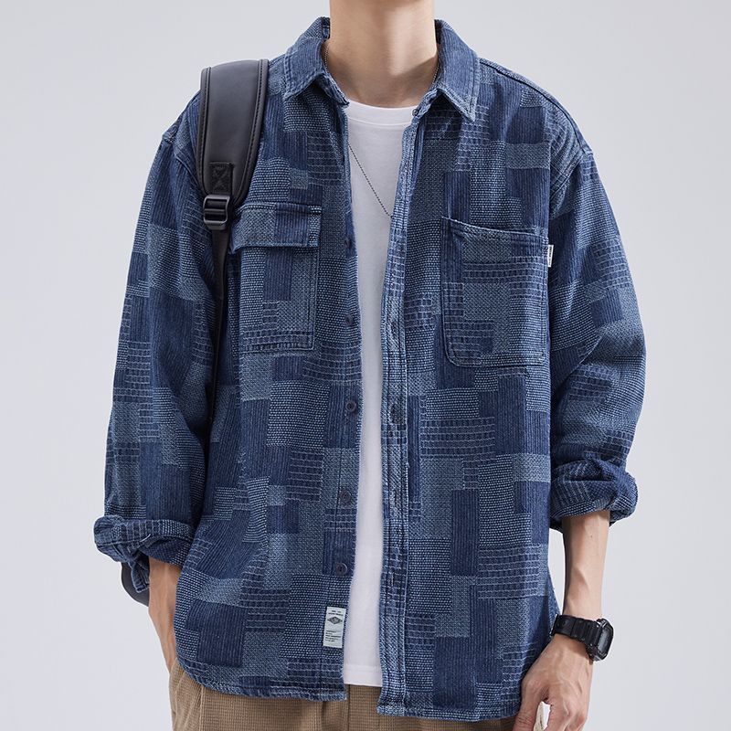 Northfold Workwear Long Sleeve Men Autumn Loose Japanese Style Brand Turn-down Collar Casual Cool Denim Couple Shirt Jacket Trendy_mkmklike.com