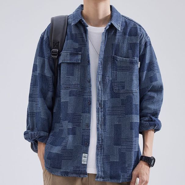 Northfold Workwear Long Sleeve Men Autumn Loose Japanese Style Brand Turn-down Collar Casual Cool Denim Couple Shirt Jacket Trendy_mkmklike.com