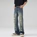 Men's Fashion High Street Distressed Washed Denim Jeans With Bell Bottom & Ripped Details_mkmklike.com
