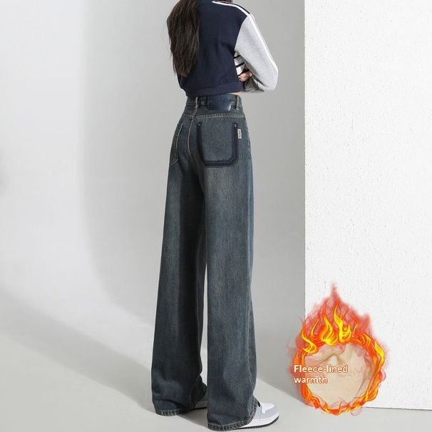 Wholesale Women's Color-blocked Jeans For Autumn And Winter, Thick Fleece, Slim Fit, Loose High-waisted, Drapey,_mkmklike.com
