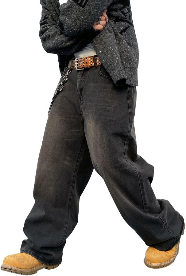Men's Baggy Hip Hop Jeans Wide Leg Skater Denim Pants Casual Loose Fit Long Trousers Streetwear_mkmklike.com