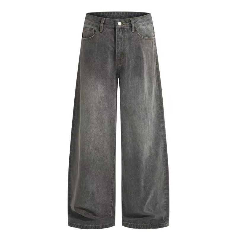 Vintage Washed Grey Wide-Leg Jeans – Unisex 90s Streetwear Denim With Distressed Details & Oversized Fit (Dropped Hem For Retro Styling)_mkmklike.com