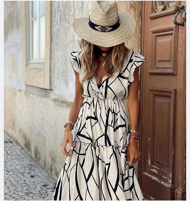 Women's Clothing fashion printed V neck sleeveless dress_mkmklike.com