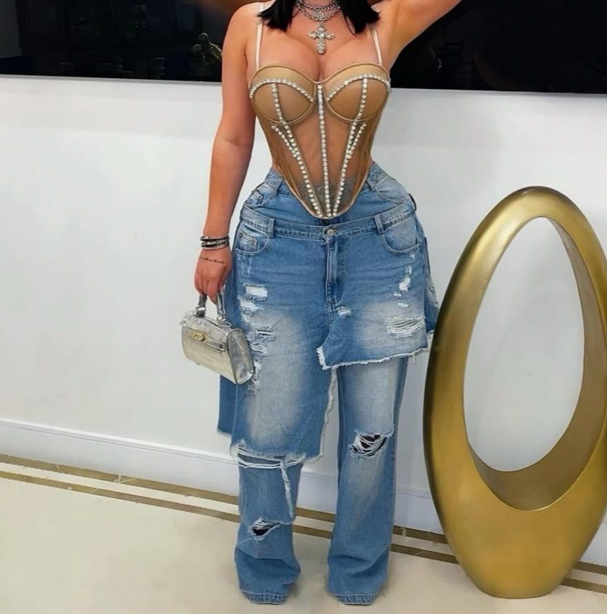 "Distressed Patchwork Denim Jeans - Loose Straight Leg With Ripped Details (Blue/Light Blue/Black, S-XXL)"_mkmklike.com