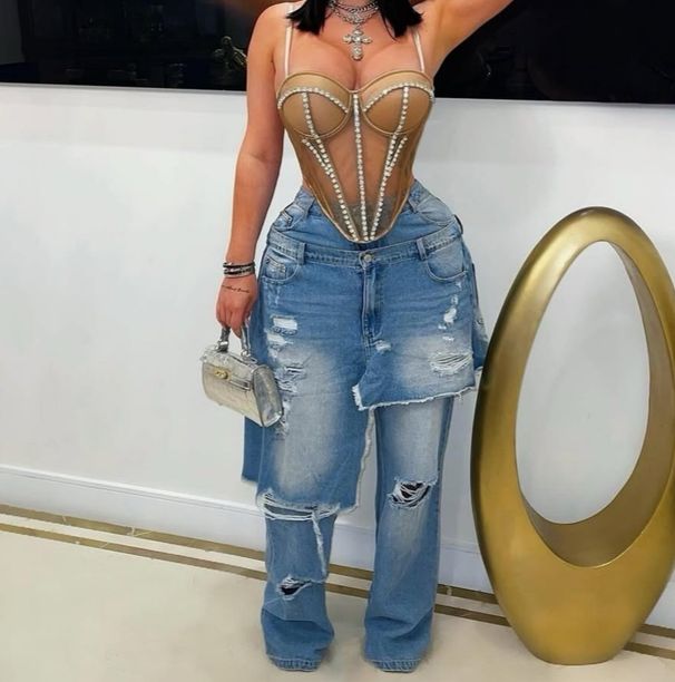 "Distressed Patchwork Denim Jeans - Loose Straight Leg With Ripped Details (Blue/Light Blue/Black, S-XXL)"_mkmklike.com