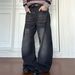 Vintage Black Washed Distressed Jeans 90s Baggy Wide-Leg Denim Pants With Cat Whisker & Crooked Blade Wash, Streetwear High Waist Relaxed Fit_mkmklike.com