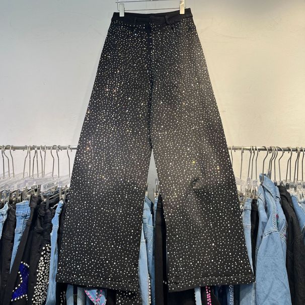 Women's Clothing Waist Starry Sky High Temperature Hot Diamond Straight Fat MM Wide Leg High End Fashion Jeans For Women_mkmklike.com