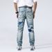 Men's Clothing Slim Fit Straight Leg Jeans Korean Style Embroidered Print Trendy Retro Washed American Pants_mkmklike.com