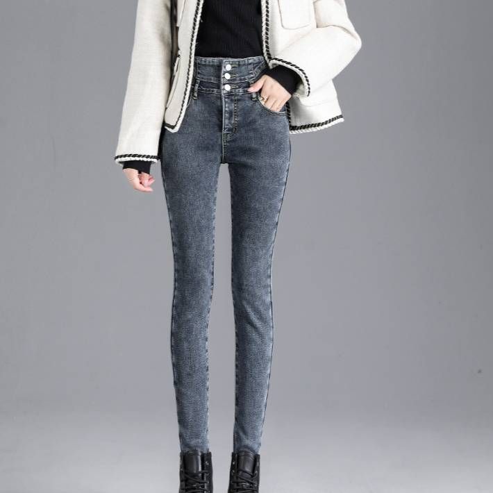 "Women's High-Waisted Fleece-Lined Skinny Jeans – Stretch Denim Pants With Button Details (Black/Retro Blue/Smoke Grey, Sizes 25-32)"_mkmklike.com