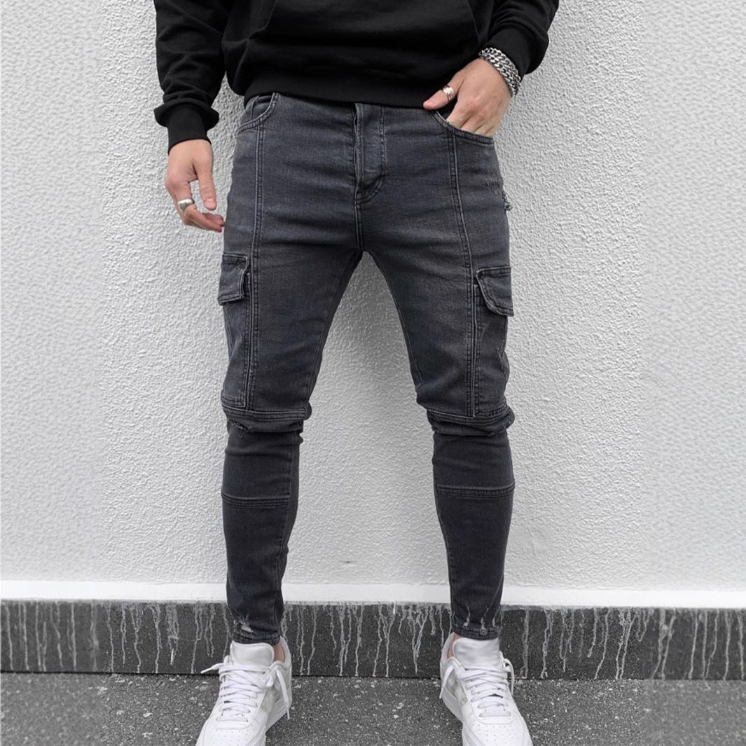 Men's Clothing Men's Hip-Hop Washed Denim Joggers With Multiple Pockets - Slim Fit, Stretch Comfort, Casual Streetwear (Grey, XS-XXL)_mkmklike.com