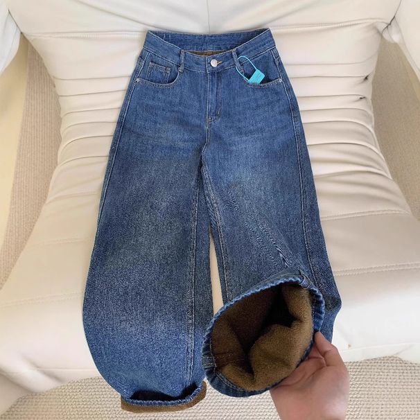 Women's Clothing Vintage Flared Jeans - High Waist Wide Leg Winter Denim Pants With Fleece Lining, Retro Blue, Straight Fit, Comfortable & Warm_mkmklike.com