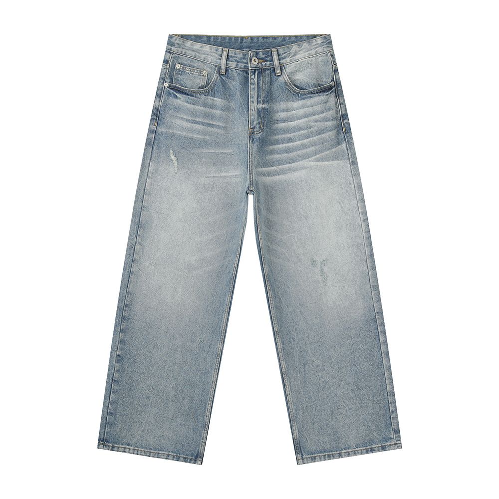Men's Korean Style Washed Straight Loose Fit Vintage Distressed Denim Pants For Casual Streetwear_mkmklike.com