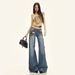 Orange Silk Women's Clothing#Dark Blue Double-button Washed Micro-flare Jeans For Women, Autumn Loose Fit, Slimming,_mkmklike.com
