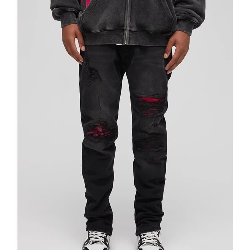 Men's Clothing Autumn/Winter Washed Ripped Jeans Men's Distressed Washed Black Jeans - Slim Fit Straight Leg Denim Pants For Hip-Hop & Streetwear_mkmklike.com