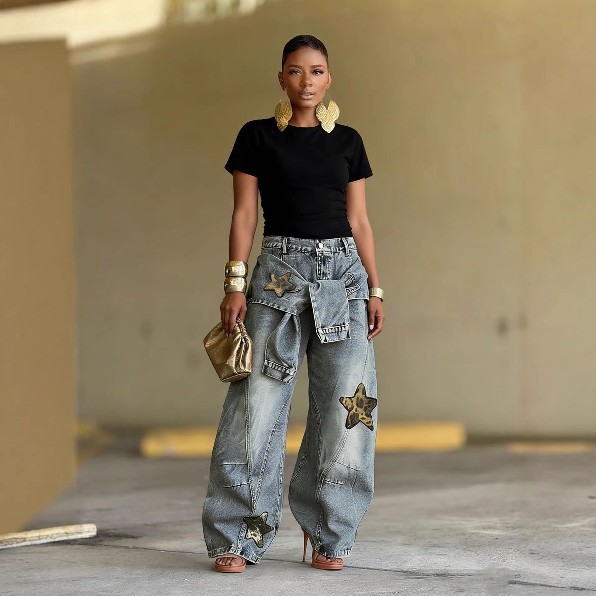 Women's Clothing Women's Lace Up Patchwork Jeans Star And Leopard Print Applique Design For Formal & Casual For Women_mkmklike.com