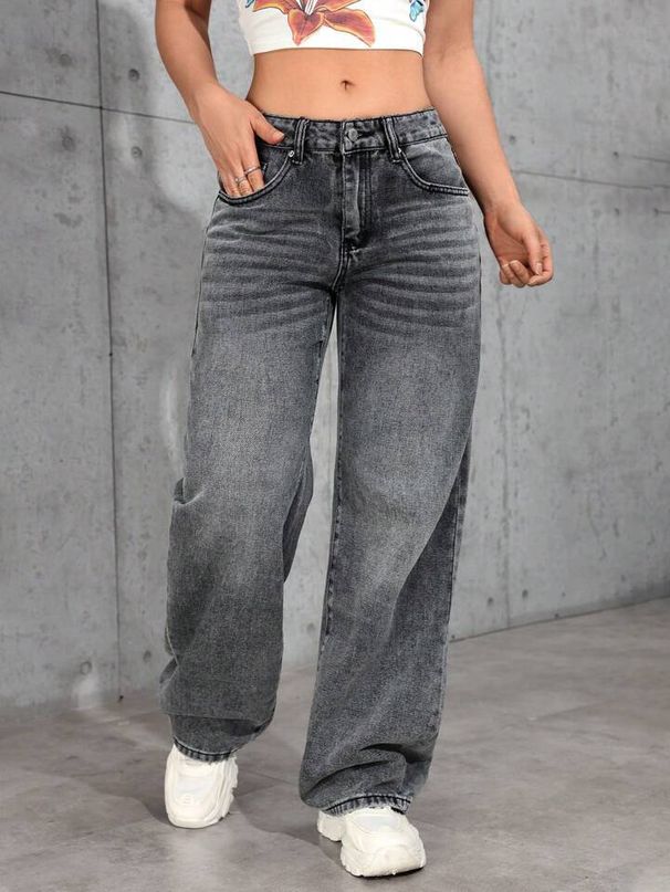 High Street Bow Embroidered Wide Leg Jeans For Women - Cotton Blend Straight Denim Pants With Vintage Wash, Streetwear Chic, Dark Grey_mkmklike.com